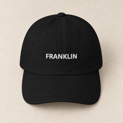 Franklin Field Cap — Black, front view. Digital product mockup.