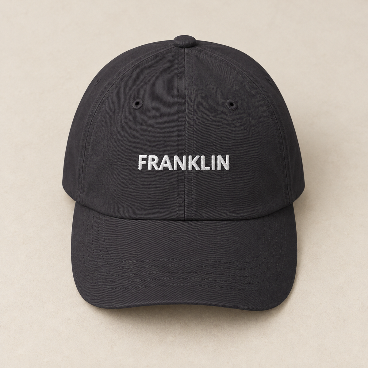Franklin Field Cap — Dark Grey, front view. Digital product mockup.