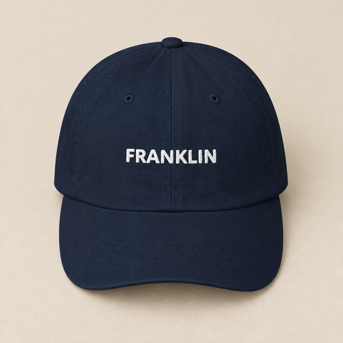 Franklin Field Cap — Navy, front view. Digital product mockup.