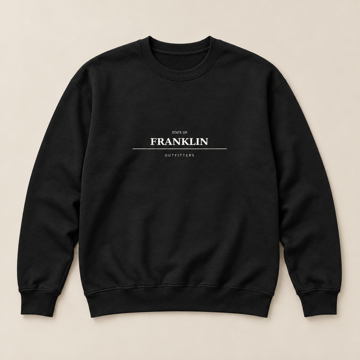 Franklin Crewneck — Black, front view. Digital product mockup.