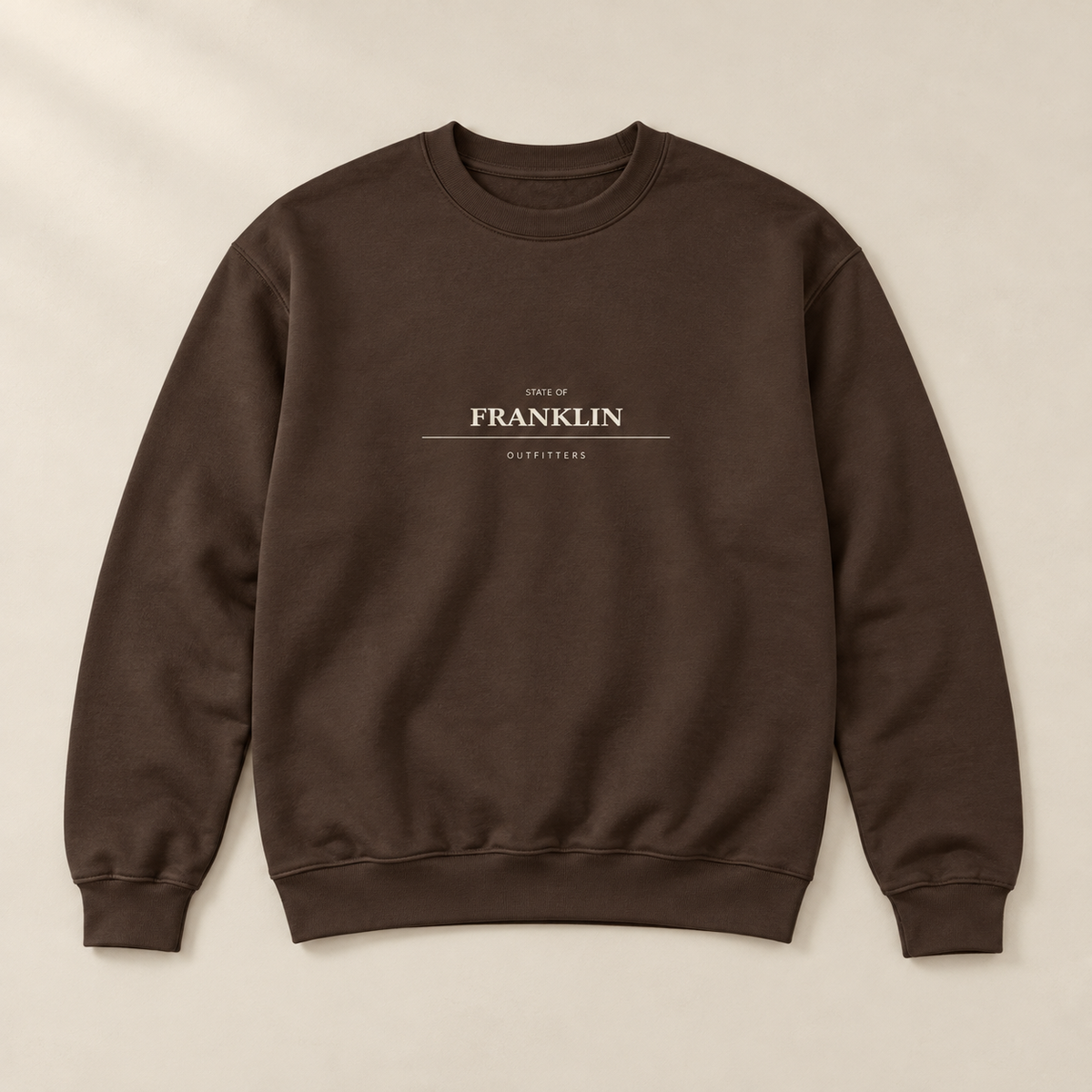 Franklin Crewneck — Dark Chocolate, front view. Digital product mockup.