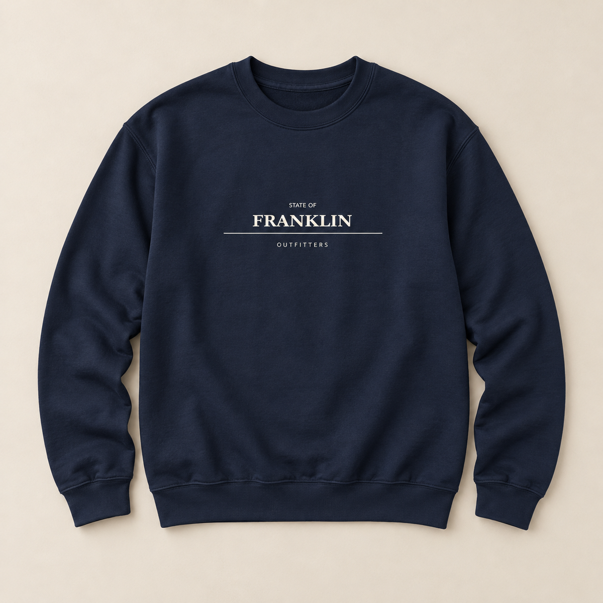 Franklin Crewneck — Navy, front view. Digital product mockup.