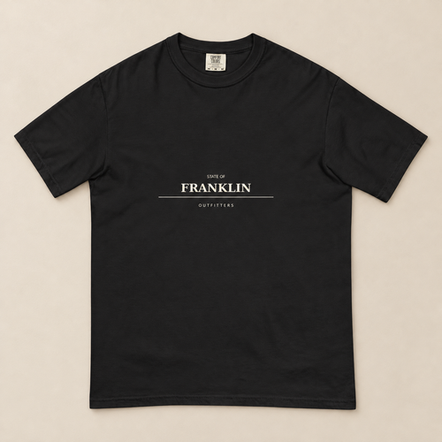 Franklin Heavyweight Tee — Black, front view. Digital product mockup.