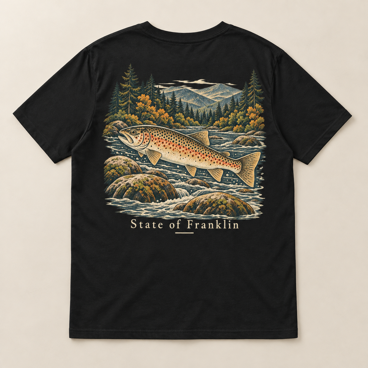 Holston Trout — Black, back view. Digital product mockup.