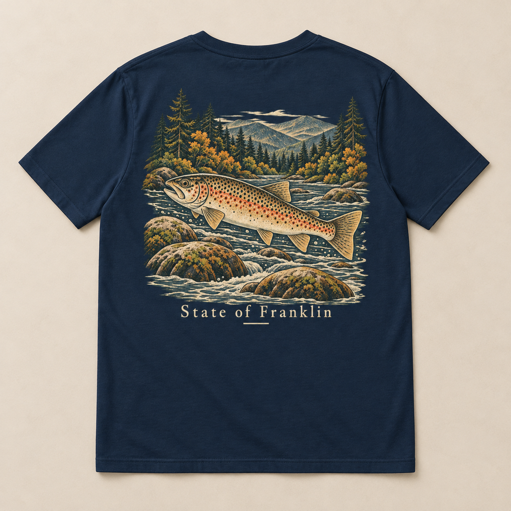 Holston Trout — French Navy, back view. Digital product mockup.