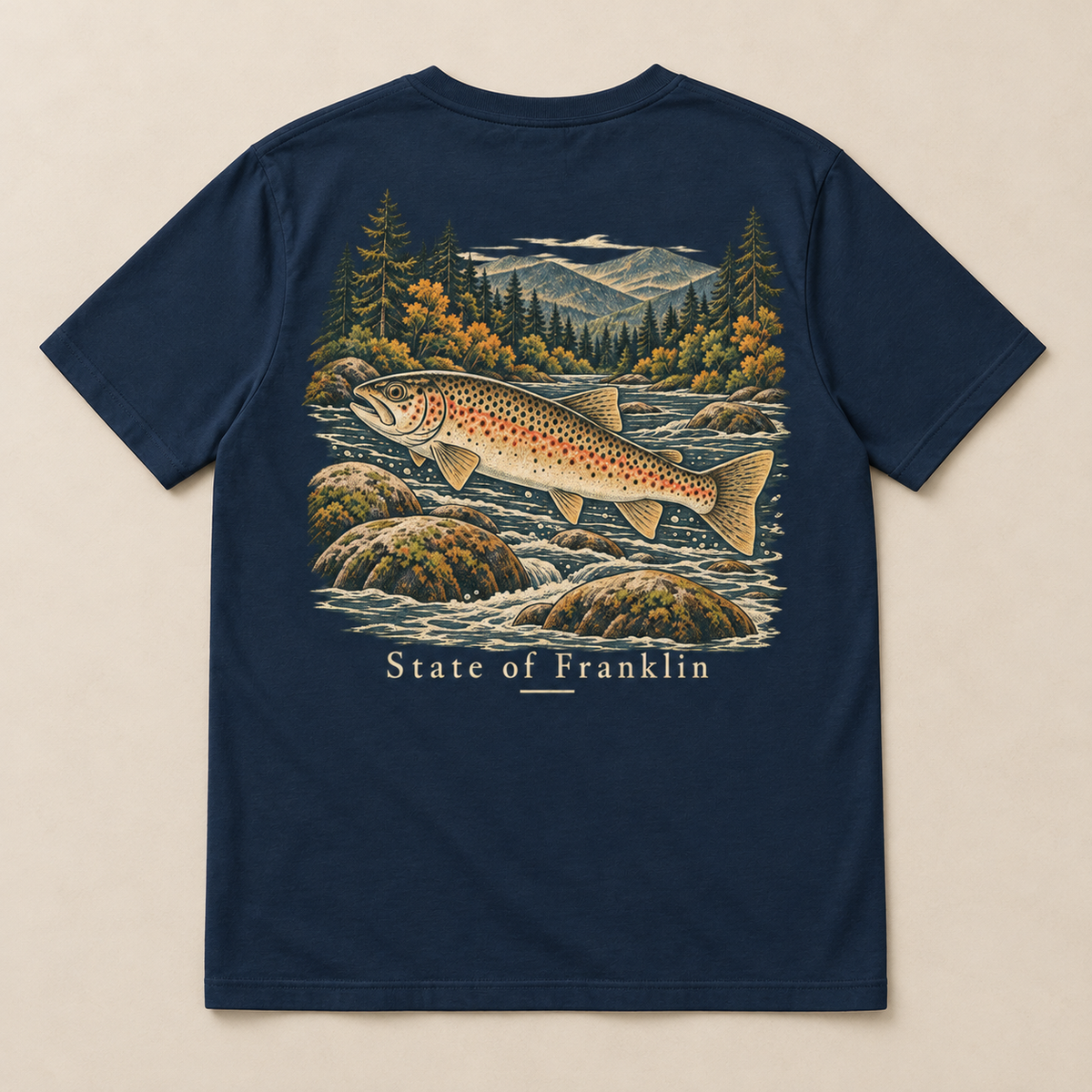 Holston Trout — French Navy, back view. Digital product mockup.