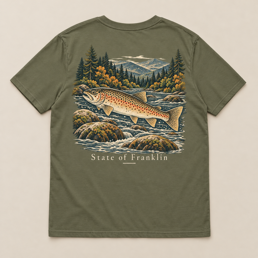 Holston Trout — Khaki, back view. Digital product mockup.