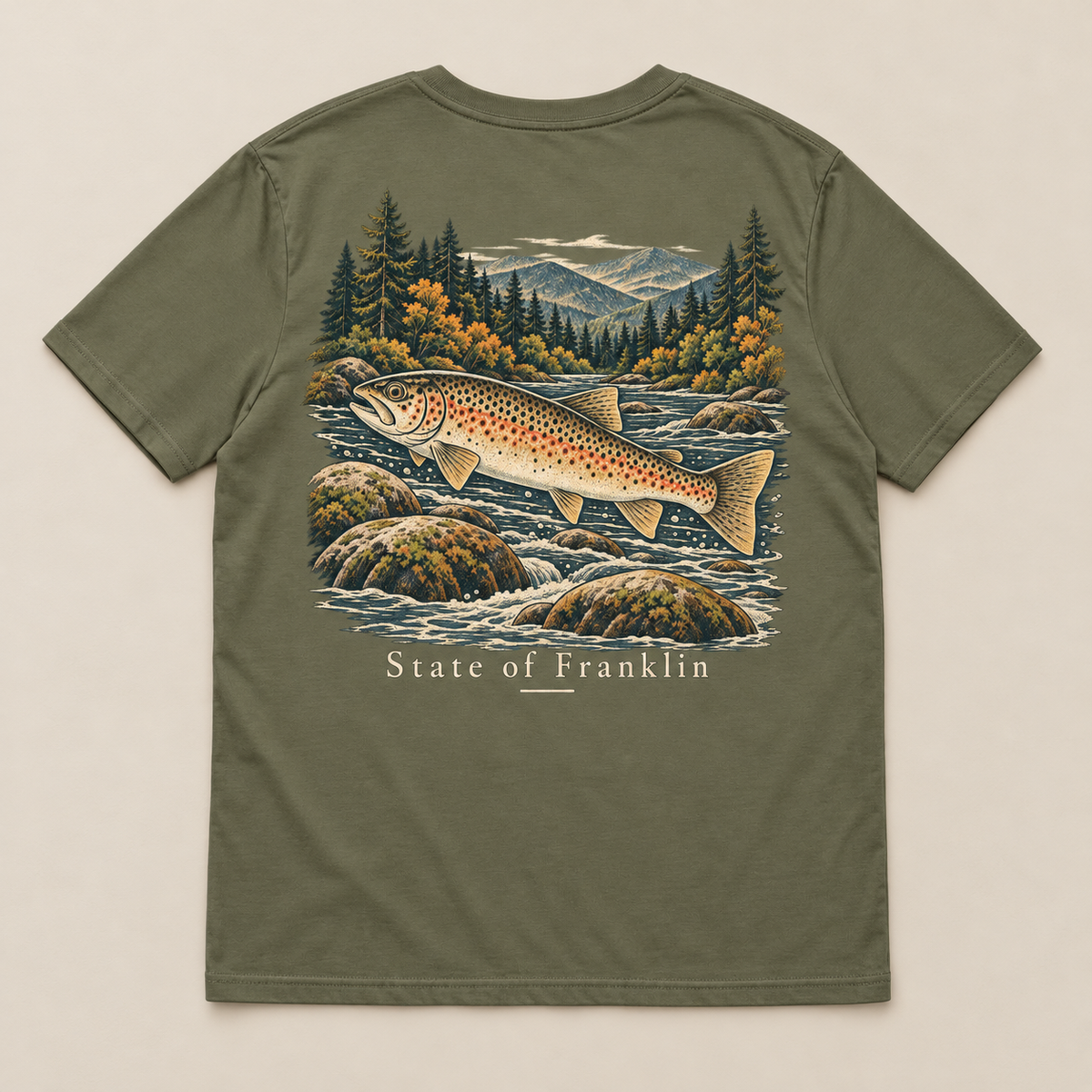 Holston Trout — Khaki, back view. Digital product mockup.
