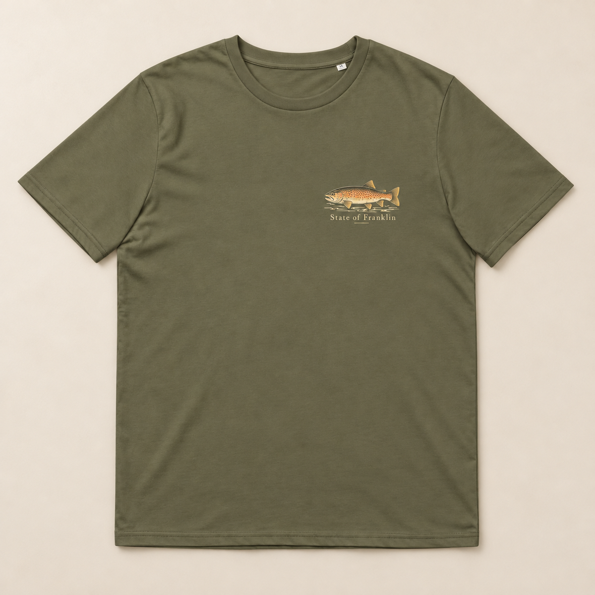 Holston Trout — Khaki, front view. Digital product mockup.