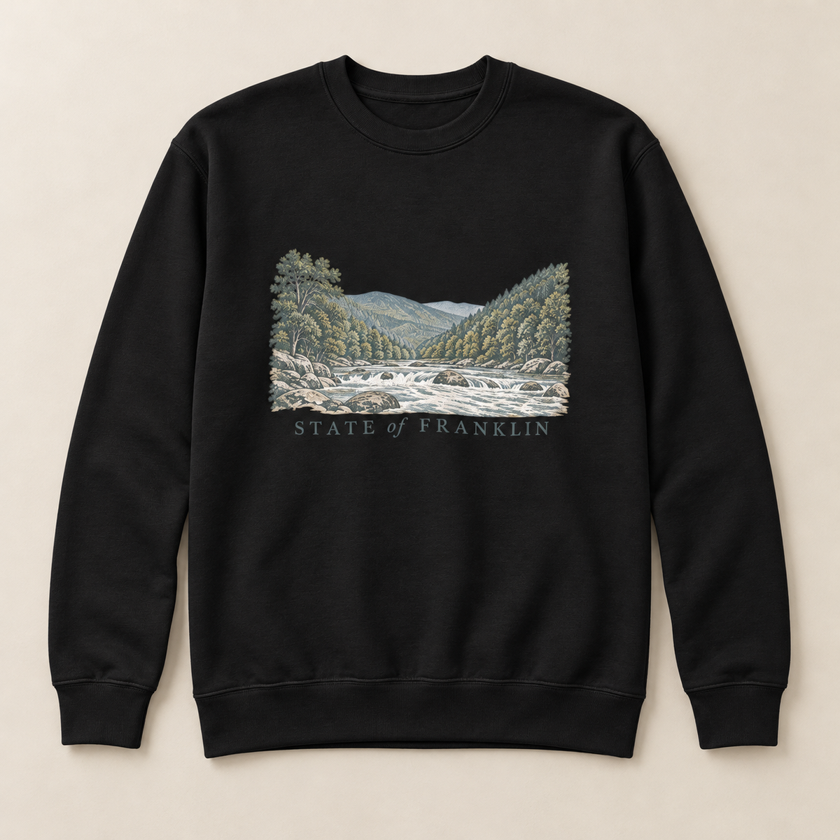 Mountain River Crewneck — Black, front view. Digital product mockup.