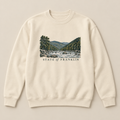 Mountain River Crewneck — Bone, front view. Digital product mockup.