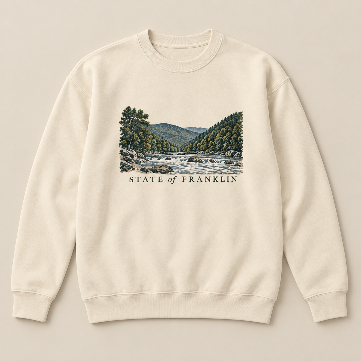 Mountain River Crewneck — Bone, front view. Digital product mockup.