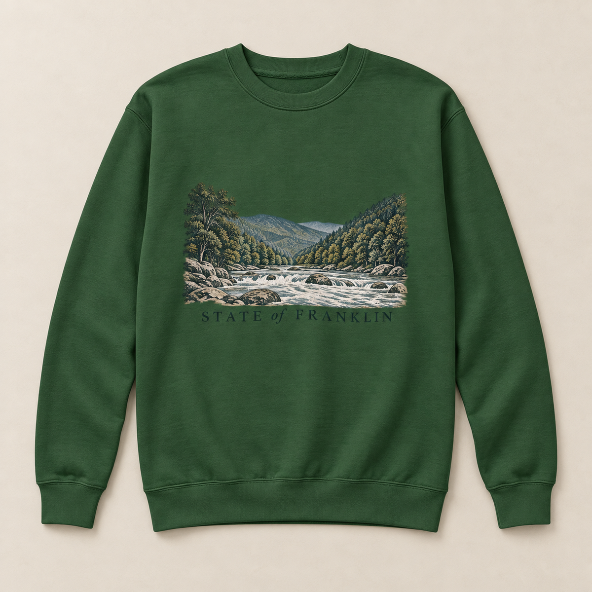 Mountain River Crewneck — Forest Green, front view. Digital product mockup.