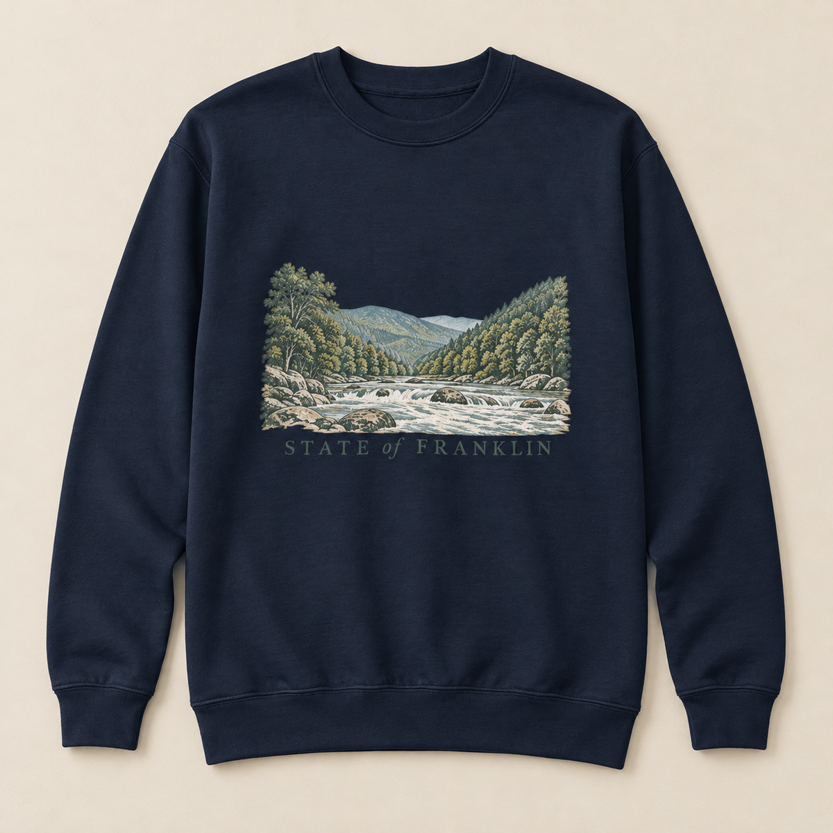 Mountain River Crewneck — Navy Blazer, front view. Digital product mockup.