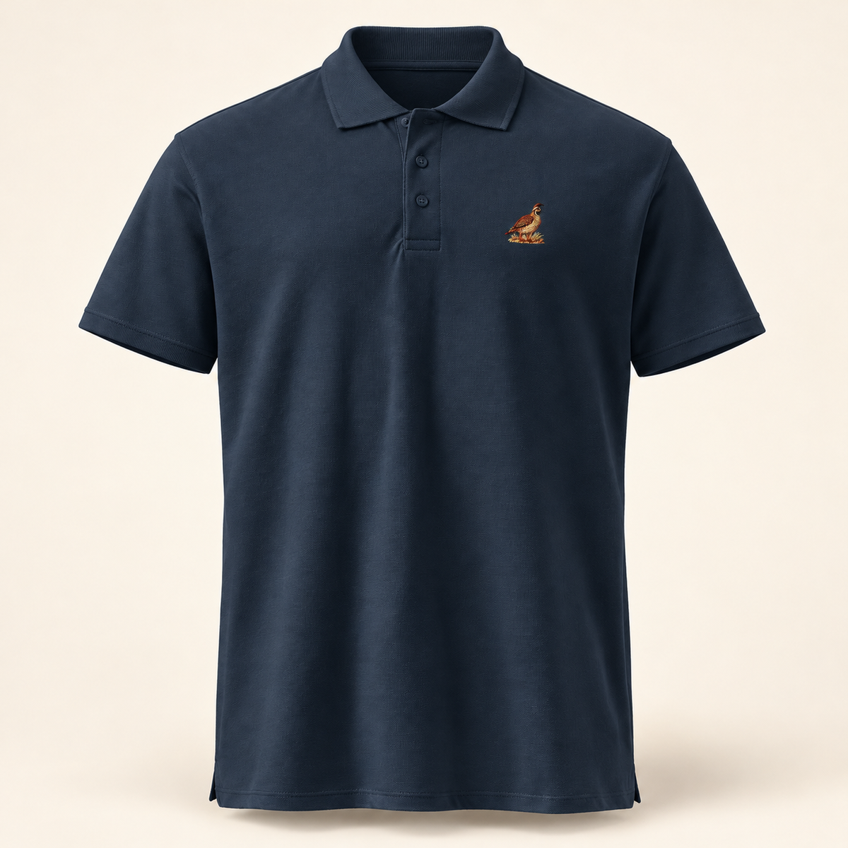 Quail Sporting Polo in navy, front view. Digital product mockup.