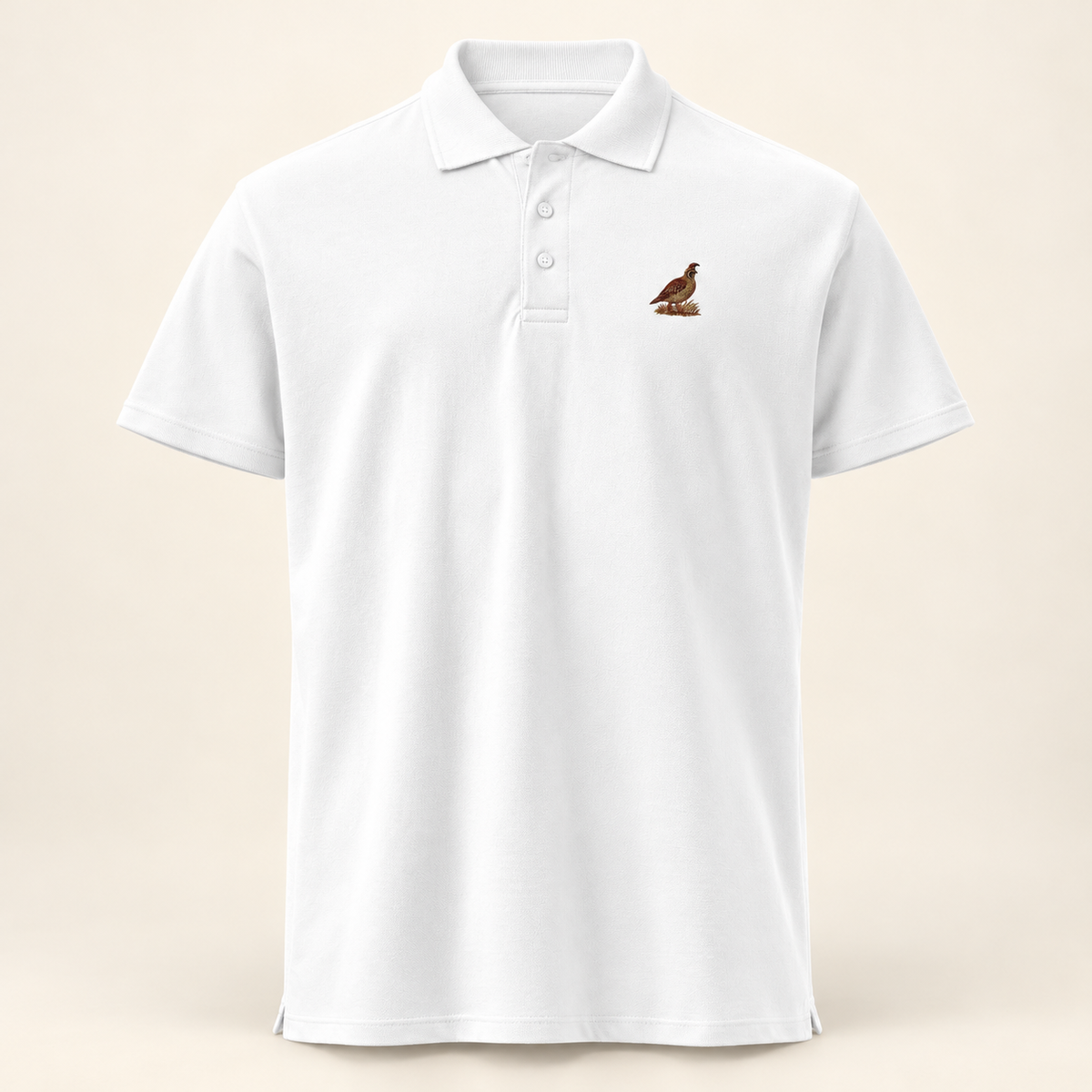 Quail Sporting Polo in white, front view. Digital product mockup.