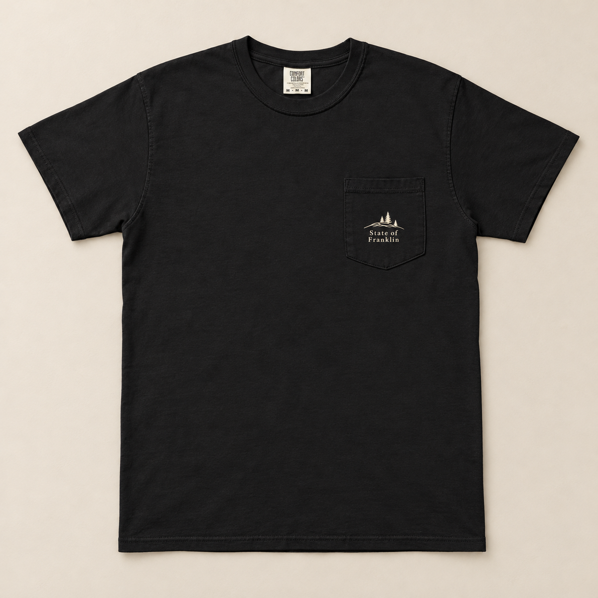 Roan Mountain Pocket Tee — Black, front view. Digital product mockup.
