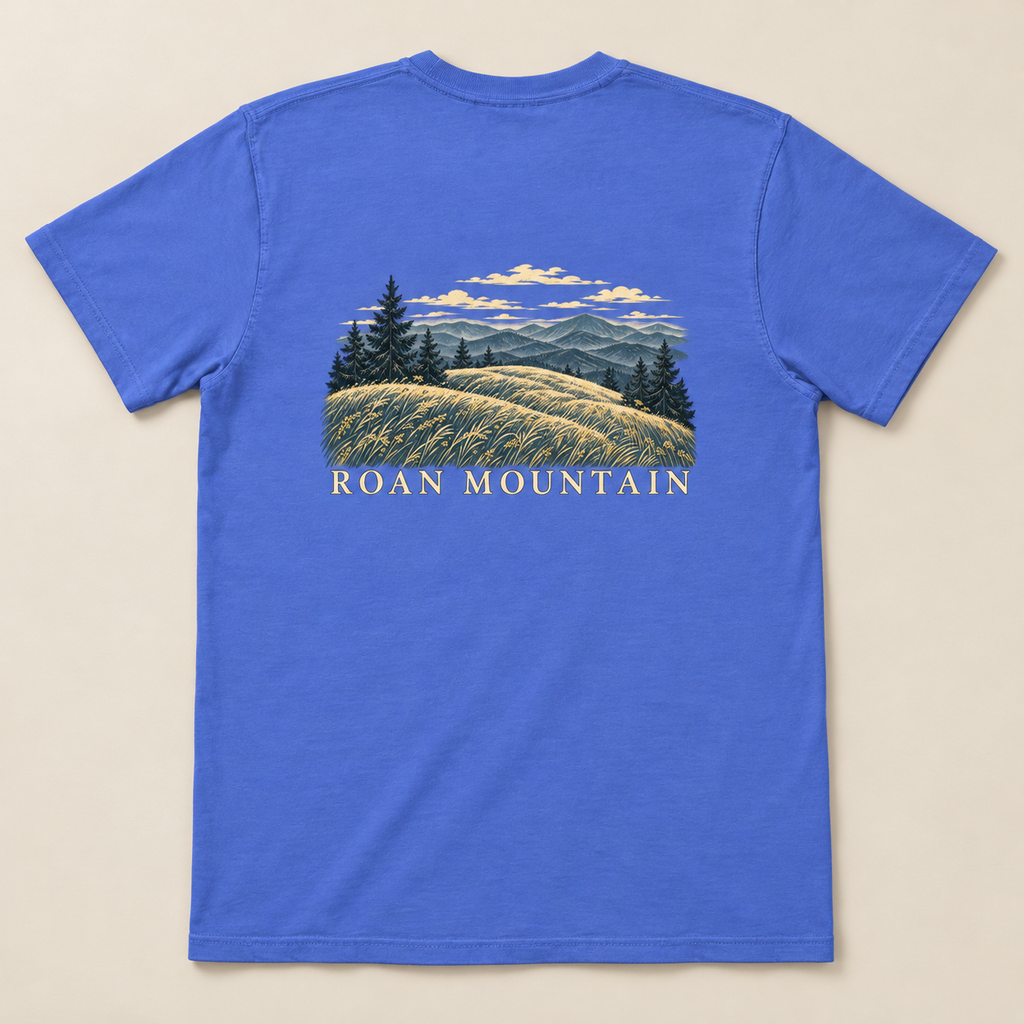 Roan Mountain Pocket Tee — Flo Blue, back view. Digital product mockup.