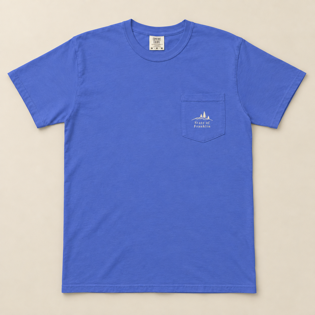 Roan Mountain Pocket Tee — Flo Blue, front view. Digital product mockup.