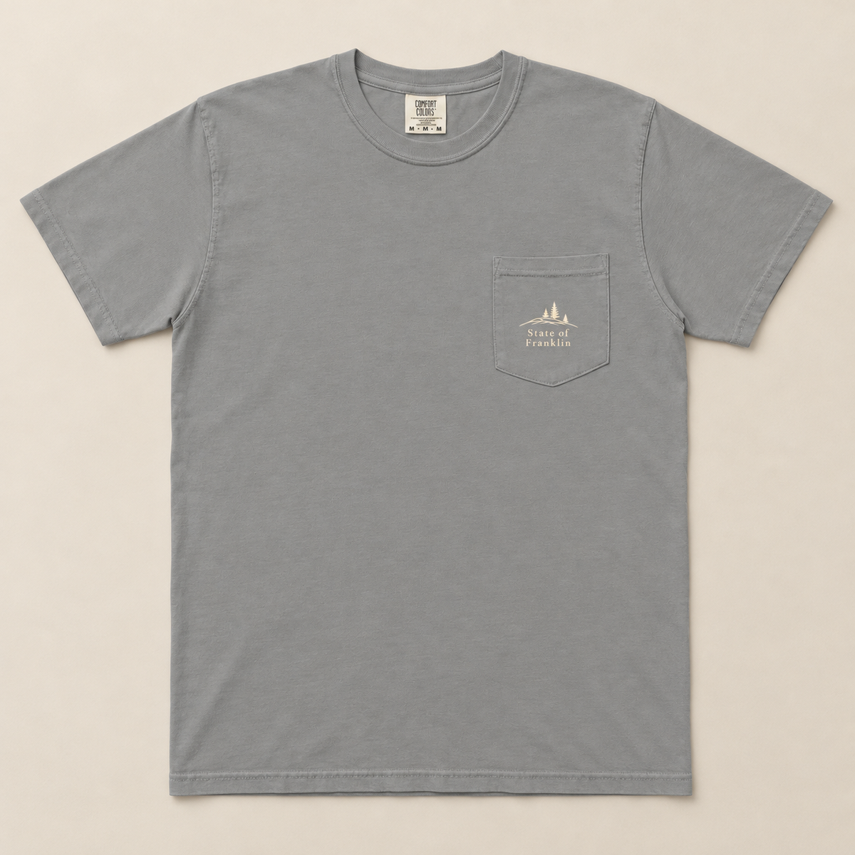 Roan Mountain Pocket Tee — Grey, front view. Digital product mockup.