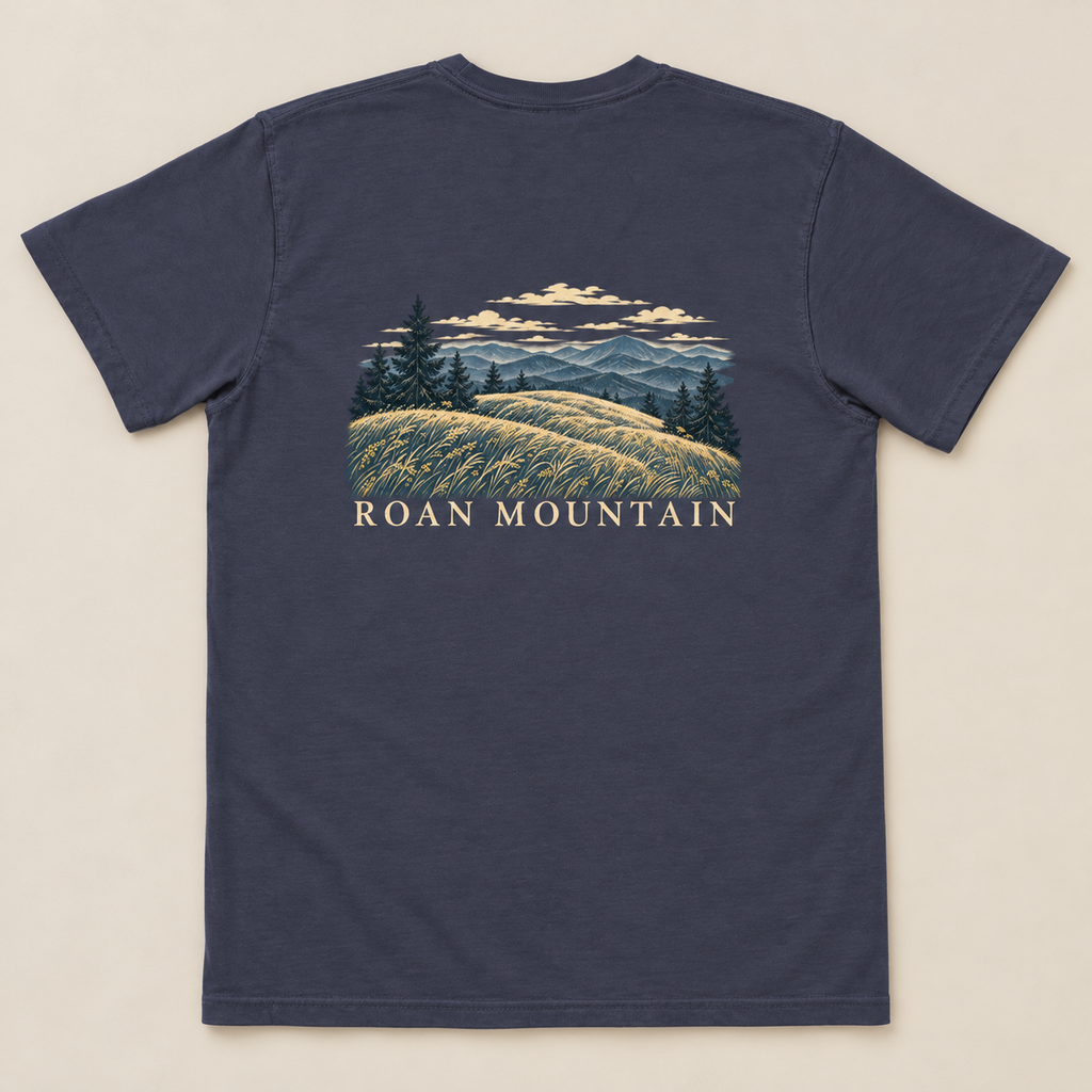 Roan Mountain Pocket Tee — True Navy, back view. Digital product mockup.
