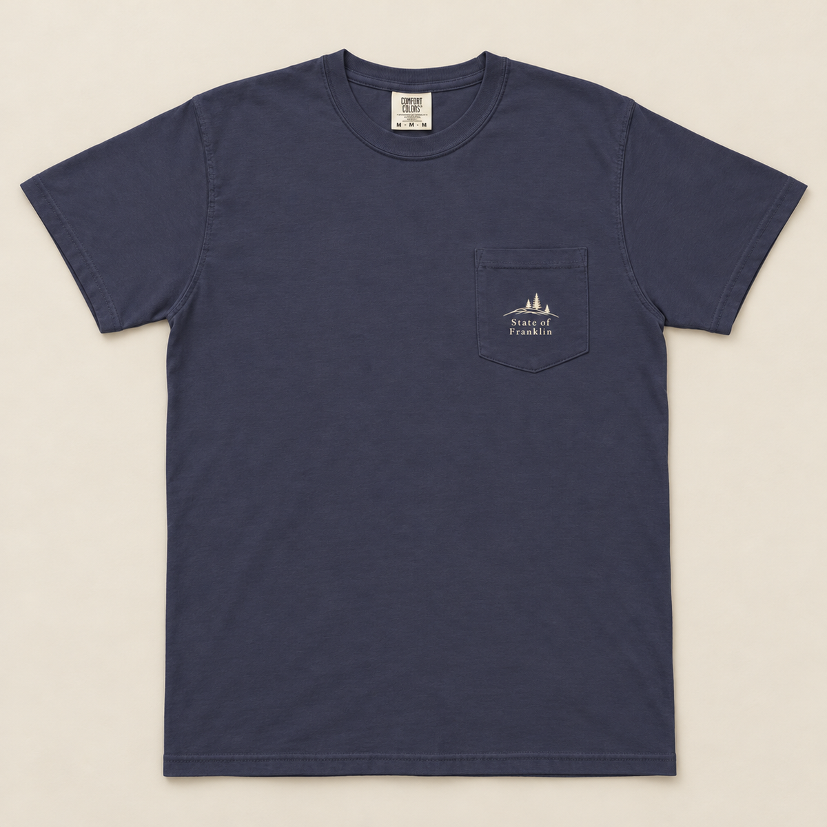 Roan Mountain Pocket Tee — True Navy, front view. Digital product mockup.